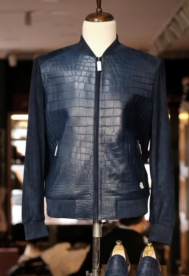 LuxuriousBlue Crocodile Leather Jacket