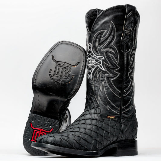 Matte Black Mini Pirarucu Leather Boots - Square Toe