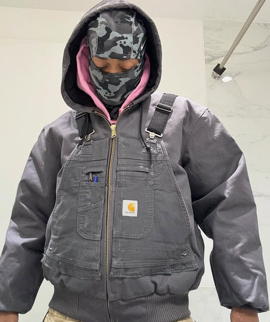 Workwear-Style Patchwork Hooded Jacket With Suspenders